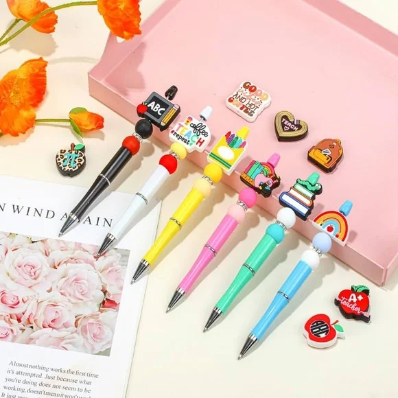 DIY 30pcs Silicone Mixed Focals, Refillable ink insert, Beads, Pen Bag & Pens